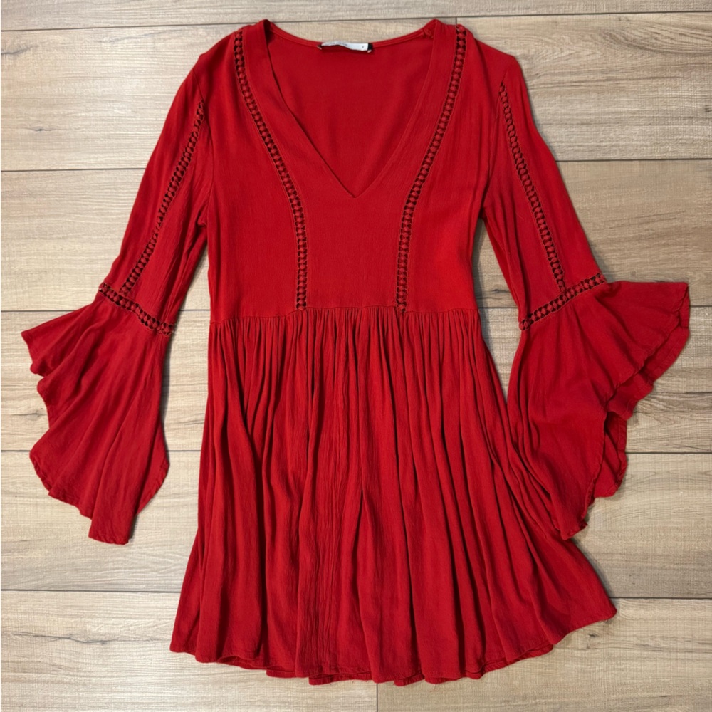 Catch‎ stitch Boho Bell Sleeve Mini Dress Small romantic Women's Festival Flowy